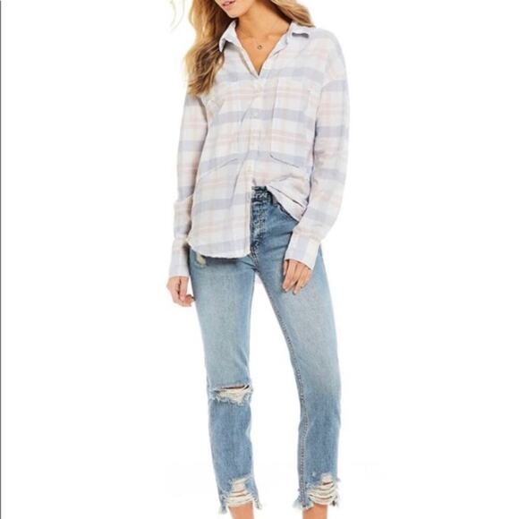 Free People Loveland Plaid Button Down Shirt Top White Pastel Pink Blue, Size XS - Picture 13 of 13